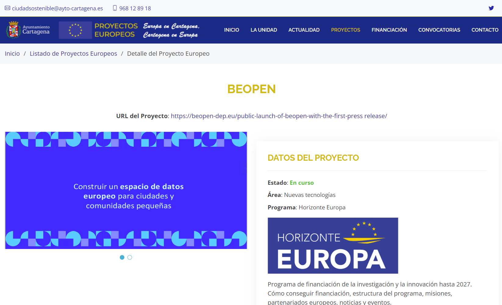 Screenshot of Ayntamiento de Cartagena website with the content of the blog