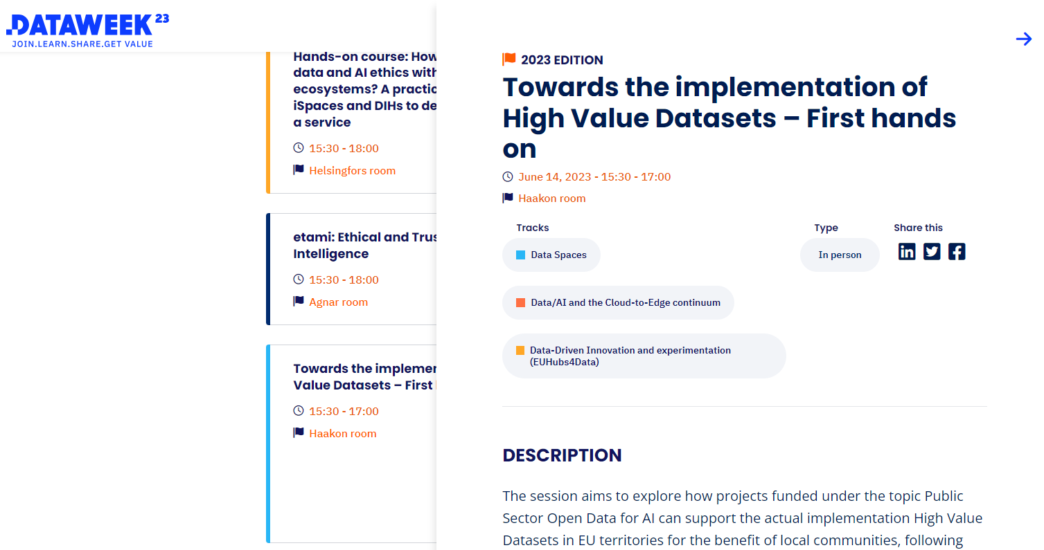 Screenshot of the Data Week session description